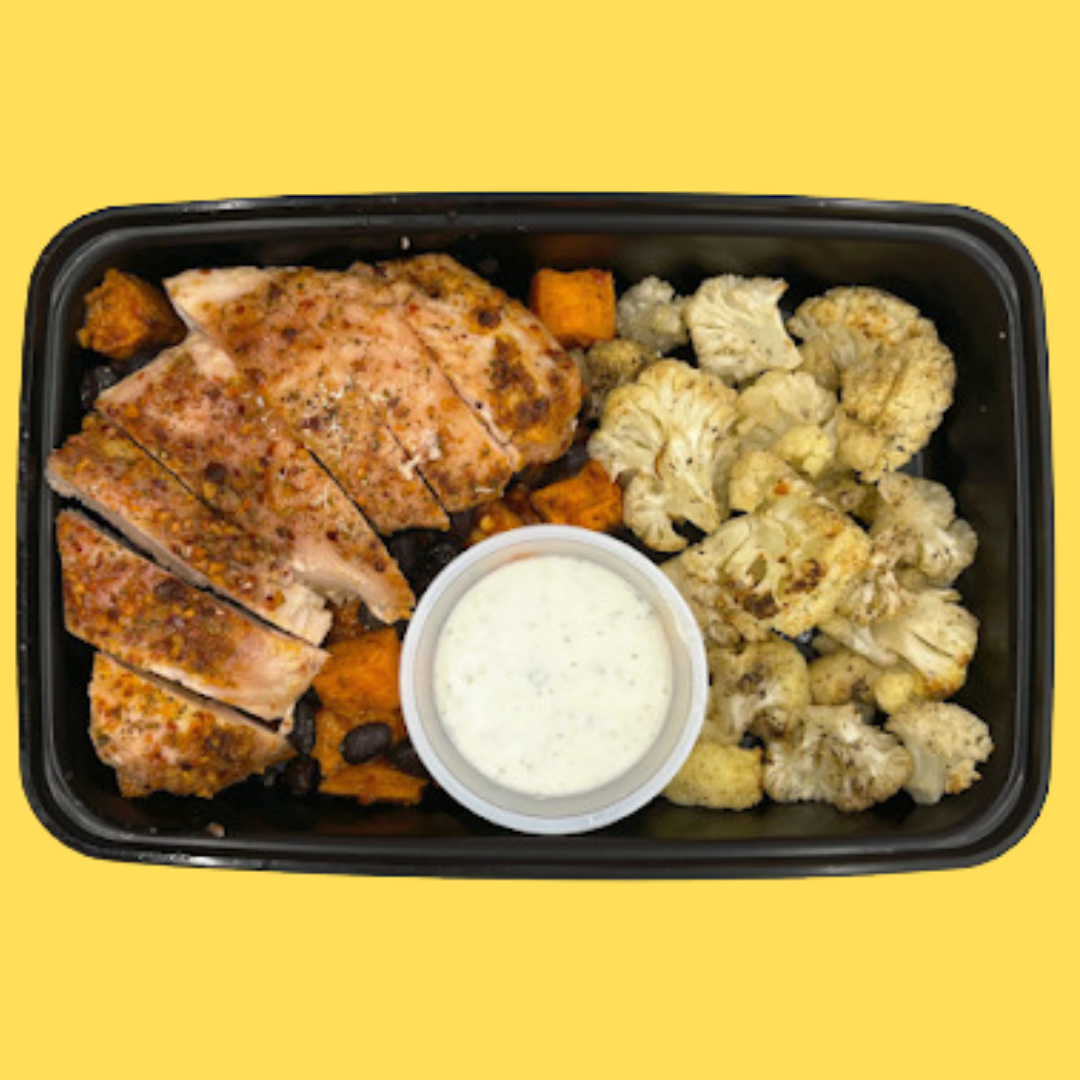 Chili Lime sweet potato chicken bowl with mixed veggies(GF,DF)*Cilantro Crema on the side(GF)