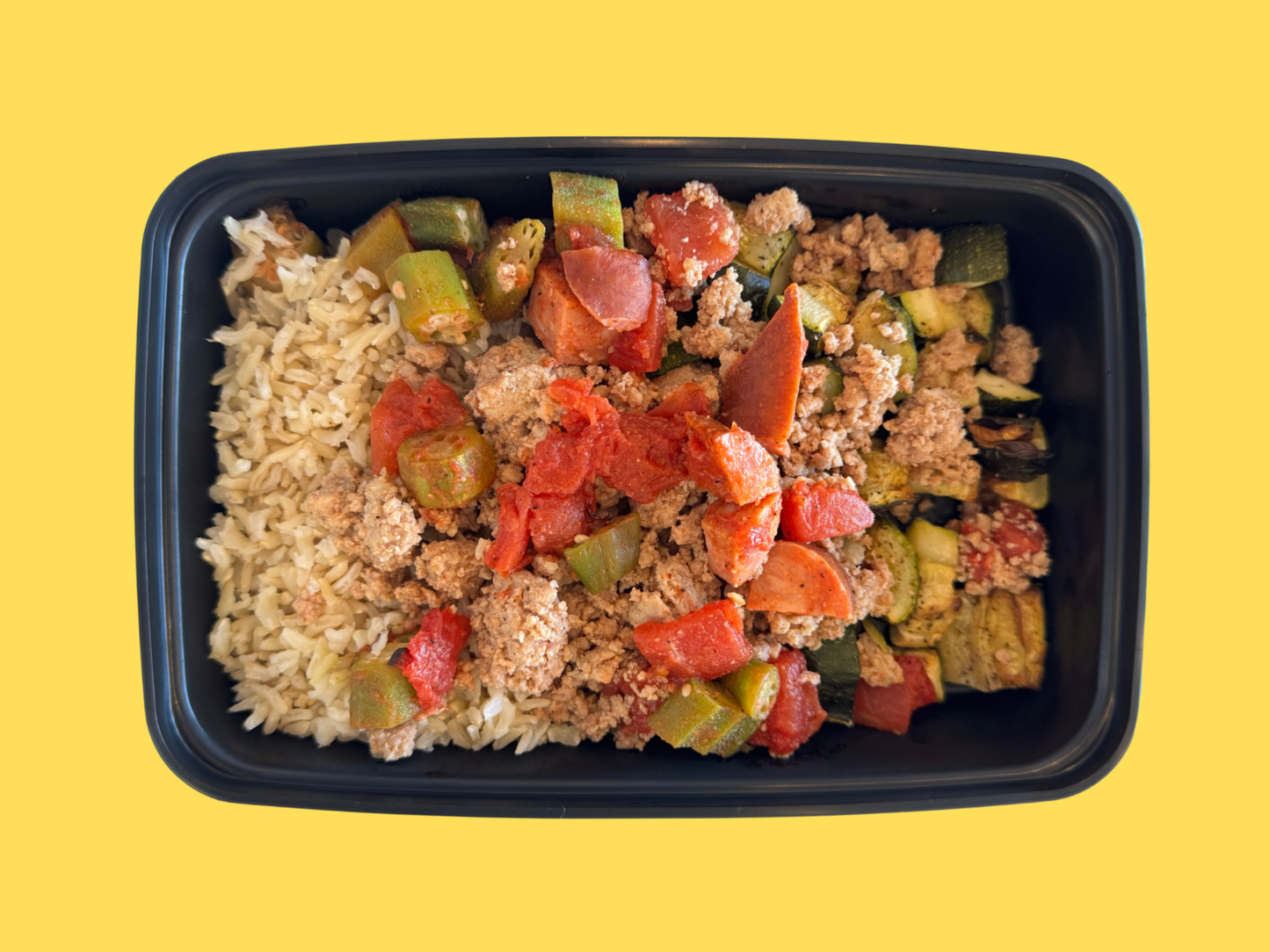 Turkey Jambalaya (with Andouille Sausage and okra) with Brown Rice, Zucchini and Peppers (GF,DF)