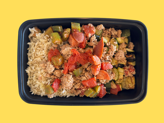 Turkey Jambalaya (with Andouille Sausage and okra) with Brown Rice, Zucchini and Peppers (GF,DF)