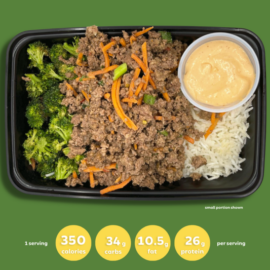 Korean Beef Bowl with Basmati Rice, Broccoli and Spicy Mayo Sauce (GF,DF) *sauce served on the side