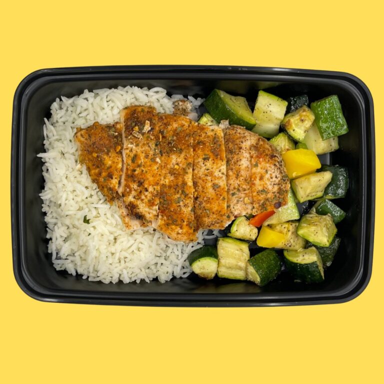 Fajita Chicken with Basmati Rice, Zucchini, Roasted Bell Peppers and Onions (GF,DF)
