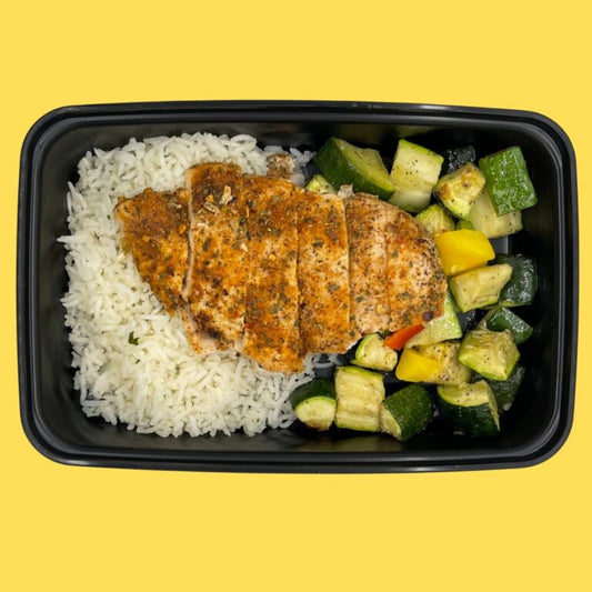 Fajita Chicken with Basmati Rice, Zucchini, Roasted Bell Peppers and Onions (GF,DF)