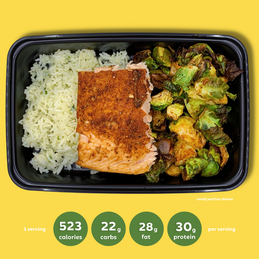 Fajita Salmon with Cilantro Lime Rice and Spiced Brussels and Onions (GF,DF)