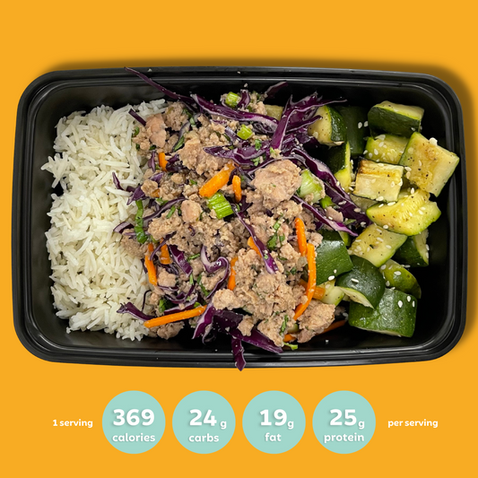 Turkey Stir Fry with Cabbage and Carrots, Basmati Rice and Sesame Zucchini (GF, DF)