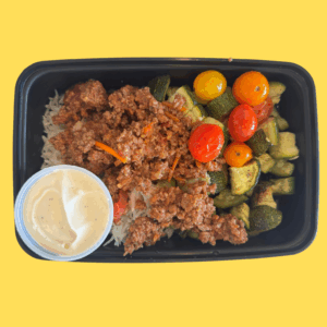 Smoky Guajillo Beef, Basmati Rice, Zucchini and Tomatoes (GF,DF) with Zesty Lime Mayo (GF)