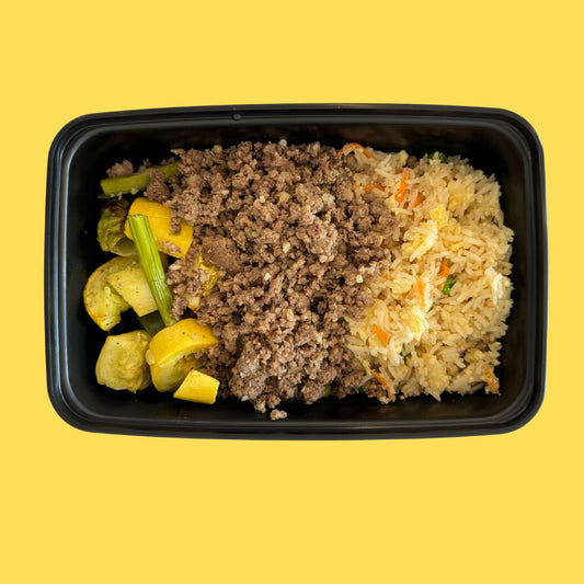 Honey Beef with Fried Rice and Mixed Veggies